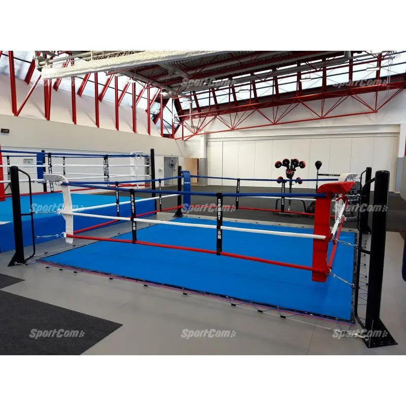 SportCom Ecofix Bodenmontage-Boxring mit Spannseilen, in einer Sporthalle mit rotem Dachgebälk, zwei Ringe