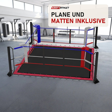 SportCom Ecofix Bodenmontage-Boxring mit Spannseilen in einem hellen Boxgym