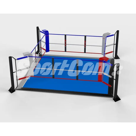 SportCom Ecofix Bodenmontage-Boxring mit Aluminiumrand, Render der Variante 4 x 4 m mit blauem Boden