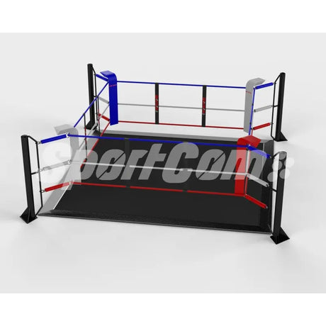 SportCom Ecofix Bodenmontage-Boxring mit Aluminiumrand, Render der Variante 4 x 4 m mit grauem Boden