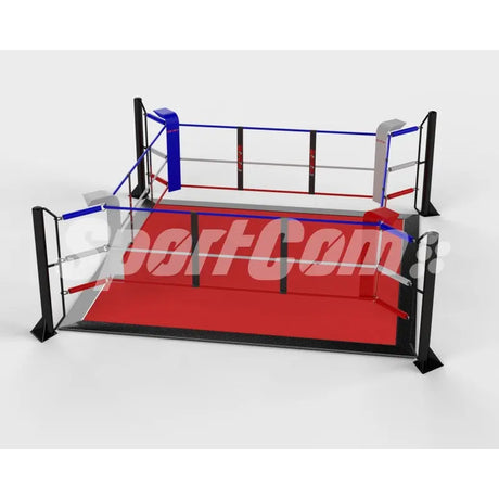 SportCom Ecofix Bodenmontage-Boxring mit Aluminiumrand, Render der Variante 4 x 4 m mit rotem Boden