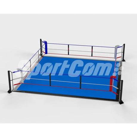 SportCom Ecofix Bodenmontage-Boxring mit Aluminiumrand, Render der Variante 7 x 7 m mit blauem Boden
