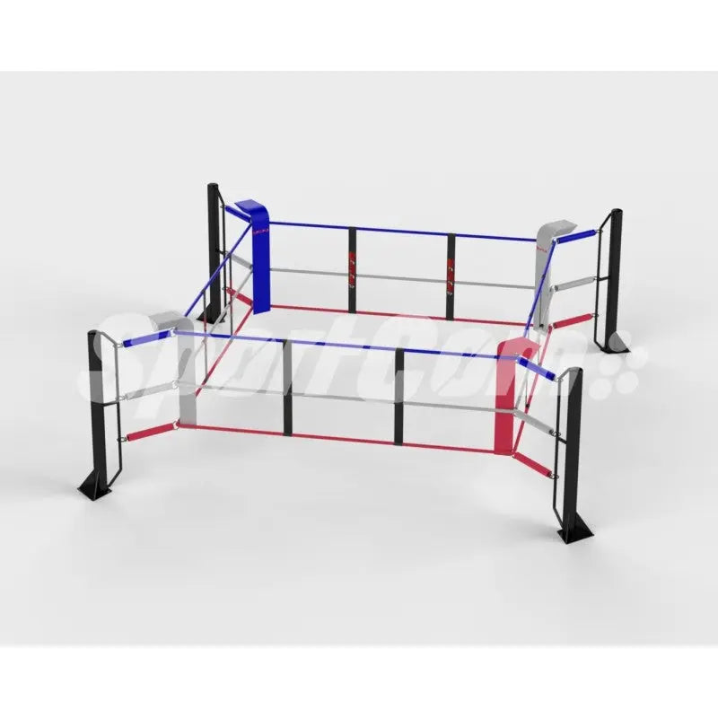 SportCom Ecofix Bodenmontage-Boxring in 4 x 4 m, Schrägansicht mit blauer und roter Ecke
