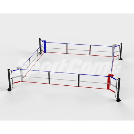 SportCom Ecofix Bodenmontage-Boxring in 7 x 7 m, Schrägansicht mit roter und blauer Ecke