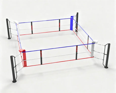 SportCom Ecofix Boxring bodenmontiert, Schrägansicht mit roter und blauer Ecke vor hellem Hintergrund