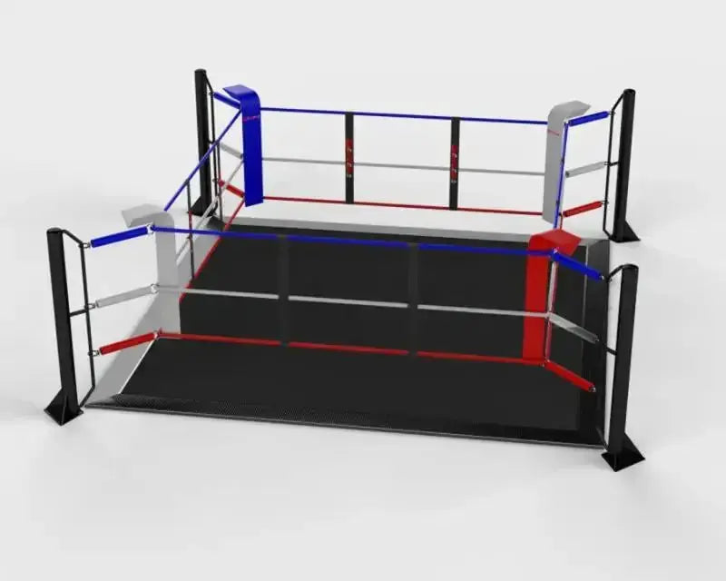 SportCom Ecofix Boxring mit Aluminiumrand, Render mit schwarzem Boden und rot-blauen Ecken