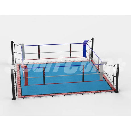 SportCom Ecofix Boxring mit Bodenhülsen und Spannseilen, Render mit blauem Boden, Frontansicht