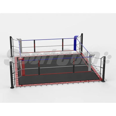 SportCom Ecofix Boxring mit Bodenhülsen und Spannseilen, Render mit schwarzem Boden aus flacher Ansicht