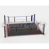SportCom Ecofix Boxring mit Bodenhülsen und Spannseilen, Render mit schwarzem Boden