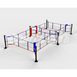 SportCom Ecofix Doppel-Boxring Bodenmontage – Größe 4 x 8 m, Schrägansicht mit roten und blauen Seilen