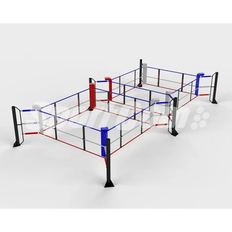 SportCom Ecofix Doppel-Boxring Bodenmontage – Größe 4 x 8 m, Schrägansicht mit roten und blauen Seilen