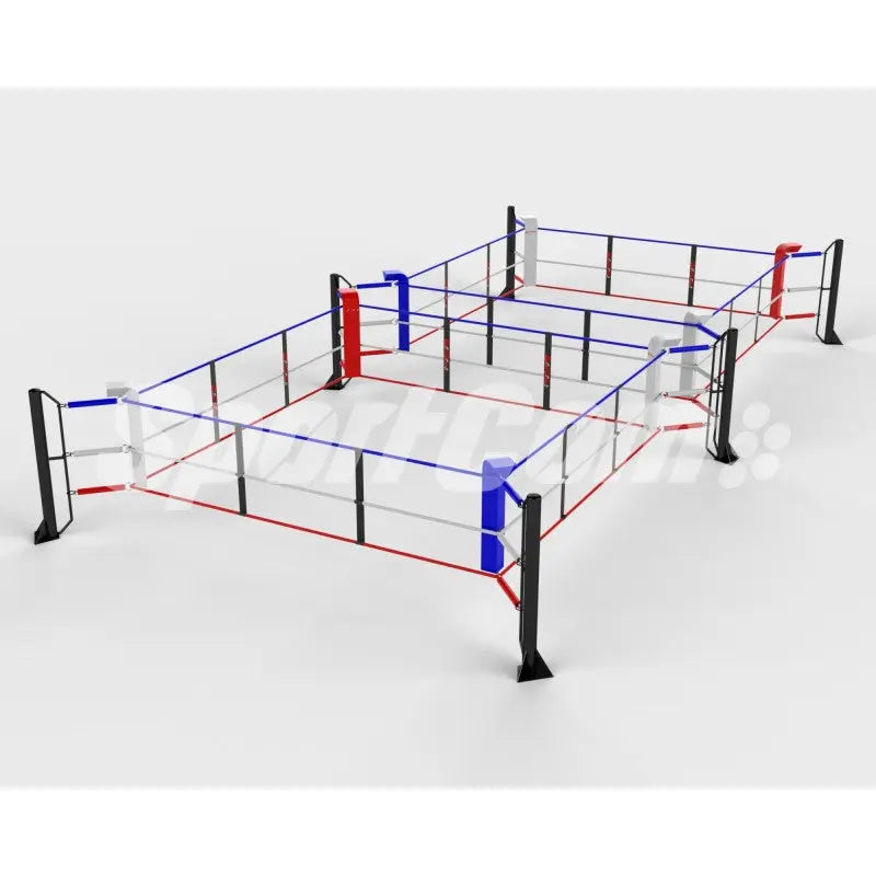 SportCom Ecofix Doppel-Boxring Bodenmontage – Größe 5 x 10 m, Schrägansicht mit roten und blauen Seilen
