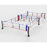 SportCom Ecofix Doppel-Boxring Bodenmontage – Größe 5 x 10 m, Schrägansicht mit roten und blauen Seilen