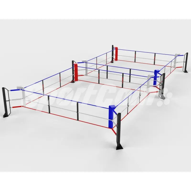 SportCom Ecofix Doppel-Boxring Bodenmontage – Größe 6 x 12 m, Schrägansicht mit roten und blauen Seilen