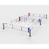 SportCom Ecofix Doppel-Boxring Bodenmontage – Größe 7 x 14 m, Schrägansicht mit roten und blauen Seilen