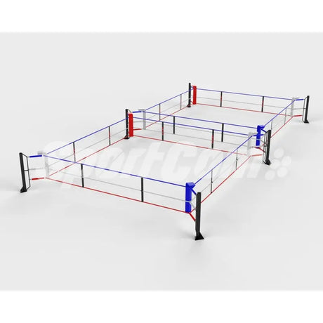 SportCom Ecofix Doppel-Boxring Bodenmontage – Größe 7 x 14 m, Schrägansicht mit roten und blauen Seilen