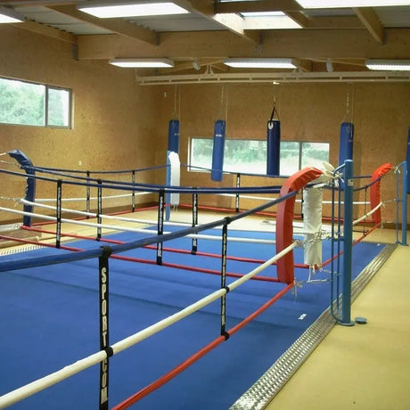 SportCom Ecofix Doppel-Boxring mit Aluminiumrand, Blick über die Seile auf beide Ringflächen in der Halle