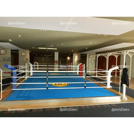 SportCom Ecofix Doppel-Boxring mit Aluminiumrand, in einem Club mit blauem Boden und Logo in der Mitte