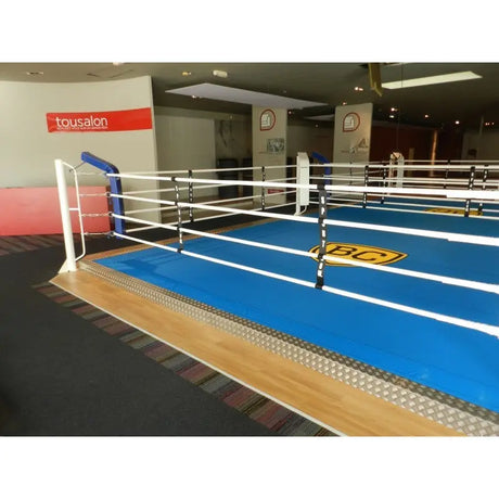 SportCom Ecofix Doppel-Boxring mit Aluminiumrand, Detail der Aluminiumkante mit Holzboden daneben