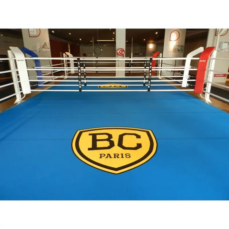 SportCom Ecofix Doppel-Boxring mit Aluminiumrand, Blick auf die Ringfläche mit Logo und weißen Seilen