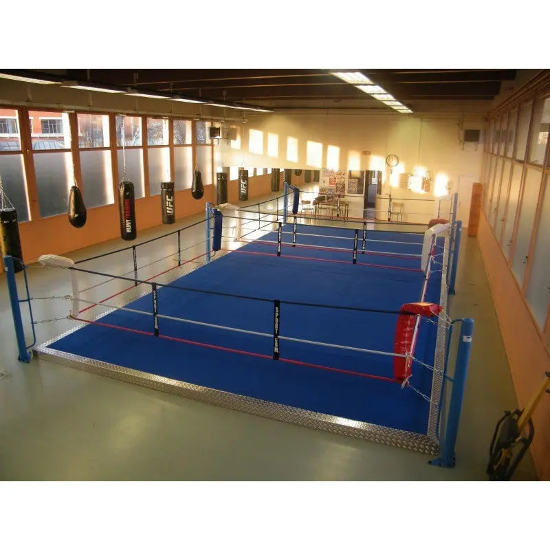 SportCom Ecofix Doppel-Boxring mit Aluminiumrand, in einer langen Halle mit Fensterfront, blauer Boden