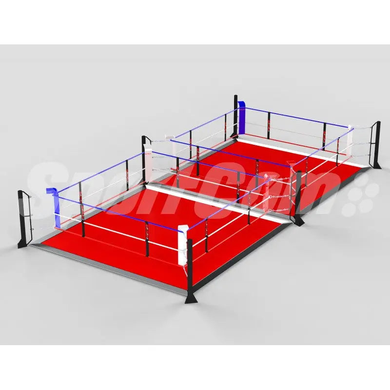 SportCom Ecofix Doppel-Boxring mit Aluminiumrand, Render der Variante 4 x 8 m mit rotem Boden