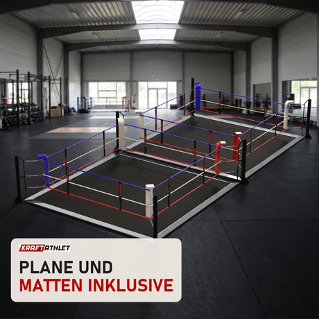 SportCom Ecofix Doppel-Boxring mit Aluminiumrand in einer hellen Kampfsporthalle