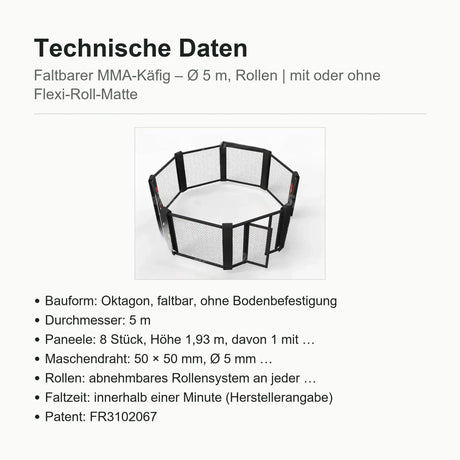 SportCom Faltbarer MMA-Käfig, Datenblatt mit Bauform, Paneelen und Rollen