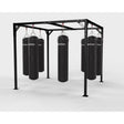 SportCom Fitnessstation für Sandsäcke 3x3 m mit acht schwarzen Boxsäcken, Schrägansicht auf Weiß