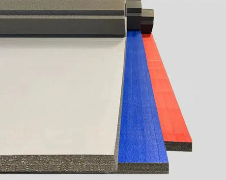 SportCom Flexi-Roll Home Mat SC-28601, Detail der Mattenkanten in Grau, Blau und Rot übereinander