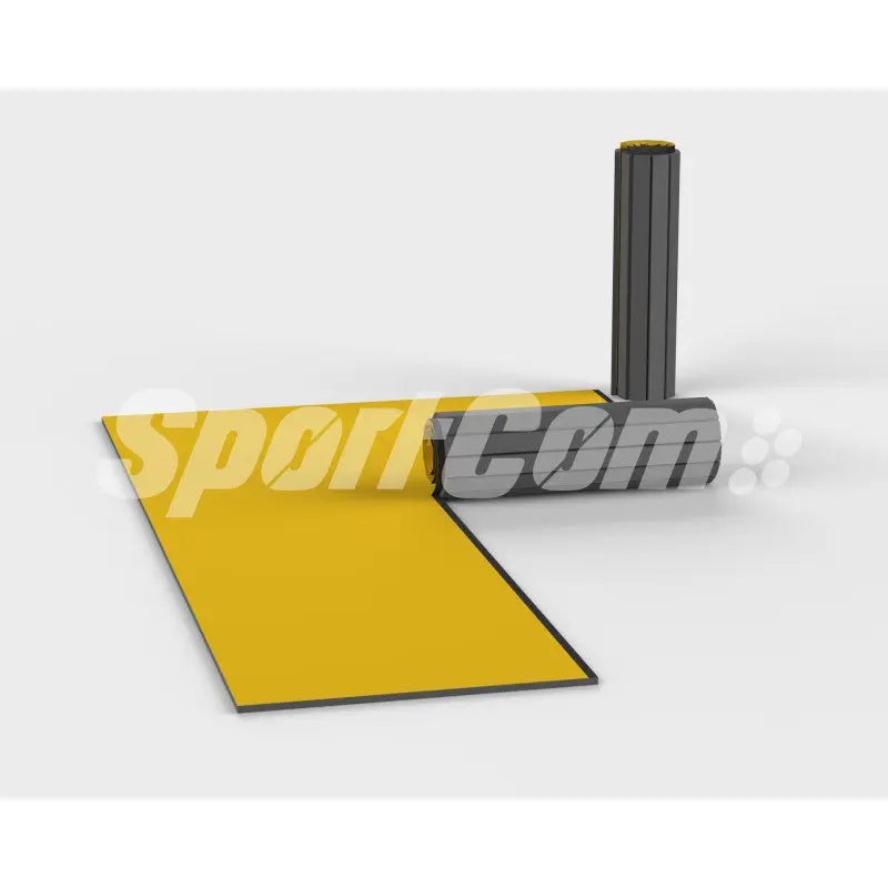 SportCom Flexi-Roll Ringermatte von Dollamur, Variante 5 cm: ausgerollte gelbe Matte mit Rolle, freigestellt