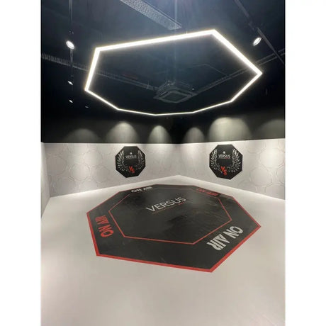 SportCom Flexi-Roll Ringermatte von Dollamur, Sechseck-Druck unter einer sechseckigen Deckenleuchte