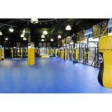 SportCom Flexi-Wall Wandschutz von Dollamur in Blau in einem Gym mit gelben Boxsäcken