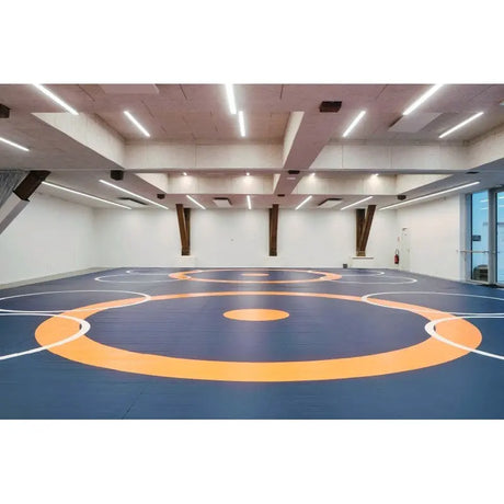 SportCom Flexi-Wall Wandschutz von Dollamur in Blau mit orangen Ringerkreisen, Frontalblick