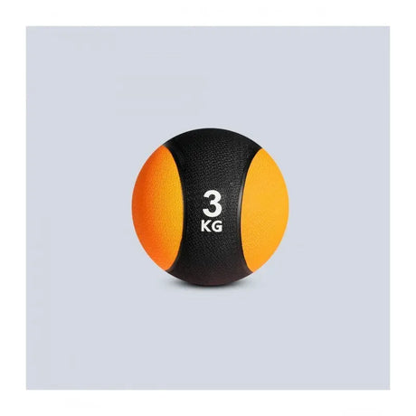 SportCom Gummi-Medizinball von Sveltus 3 kg in Frontansicht, schwarz-orangefarbener Ball mit Gewichtsaufdruck
