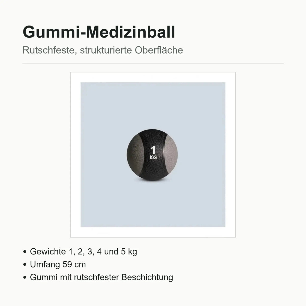 SportCom Gummi-Medizinball von Sveltus: Übersichtsgrafik mit 1-kg-Ball und Stichpunkten zu Gewichten und Umfang