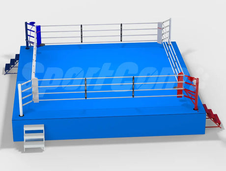 SportCom Internationaler Wettkampf-Boxring, Render mit blauer Fläche und roter Ecke