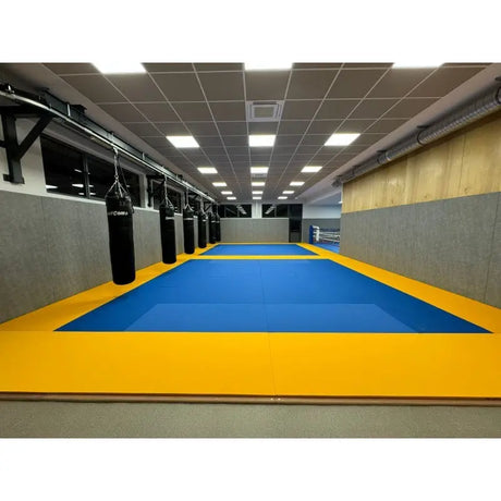 SportCom Judo-Tatami Reisstroh 1 × 1 m, 5 cm, rutschfeste Unterseite, blaue Fläche mit gelbem Rand und Sandsäcken