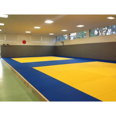 SportCom Judo-Tatami Reisstroh 2 × 1 m, 5 cm, glatte Unterseite, gelbe Zonen auf Blau im Dojo mit roter Sonne an der Wand