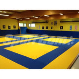 SportCom Judo-Tatami Reisstroh 2 × 1 m, 5 cm, glatte Unterseite, zwei gelbe Kampfzonen auf Blau im Dojo mit Bildern an der Wand