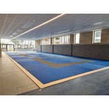 SportCom Judo-Tatami Reisstroh 2 × 1 m, 5 cm, glatte Unterseite, blau-graue Fläche mit Holzrahmen in moderner Halle