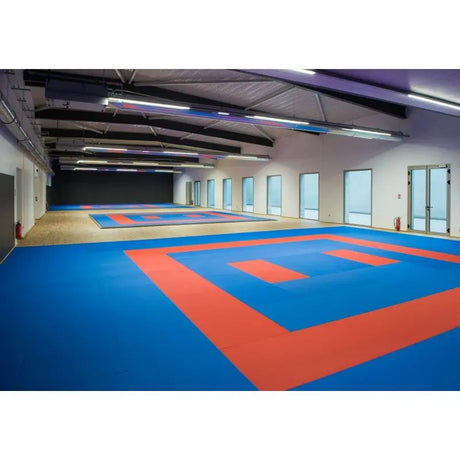 SportCom Judo-Tatami Reisstroh 2 × 1 m, 5 cm, glatte Unterseite, blaue Fläche mit roten Zonen in langer Halle
