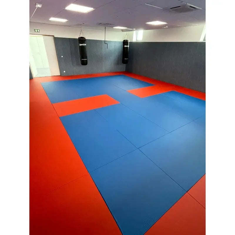 SportCom Judo-Tatami Reisstroh 2 × 1 m, 5 cm, glatte Unterseite, rot-blaue Mattenfläche in einer Trainingshalle
