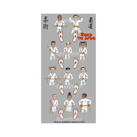 SportCom Judo-Unterrichtsmatten 6er-Set, graue Matte mit Judoka-Figuren und Techniken