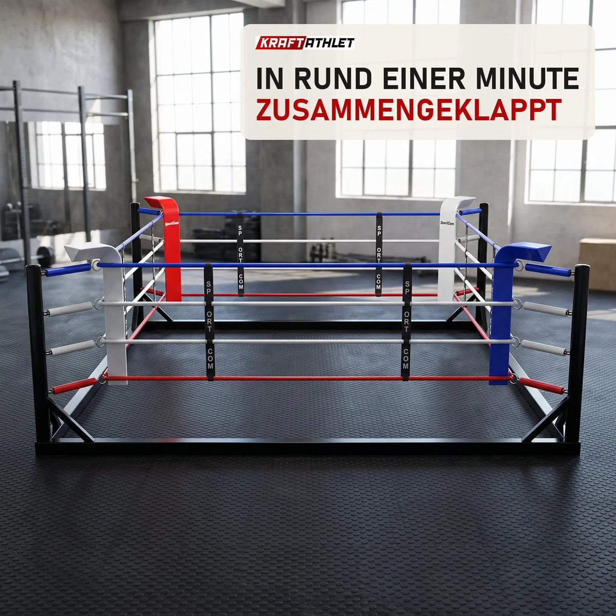 SportCom Klappbarer Boxring in einem hellen Boxstudio