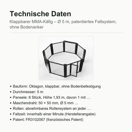 SportCom Klappbarer MMA-Käfig, Datenblatt mit Bauform, Durchmesser und Paneelen