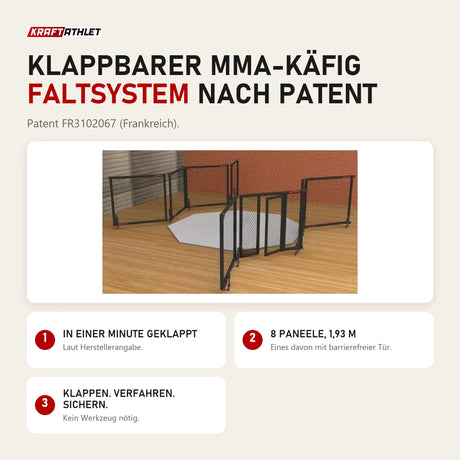 SportCom Klappbarer MMA-Käfig: Faltsystem nach Patent FR3102067, laut Hersteller in einer Minute geklappt