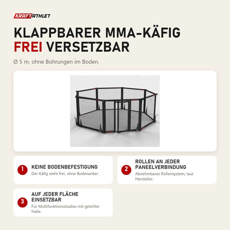 SportCom Klappbarer MMA-Käfig: frei versetzbar, keine Bodenbefestigung, Rollen an jeder Paneelverbindung