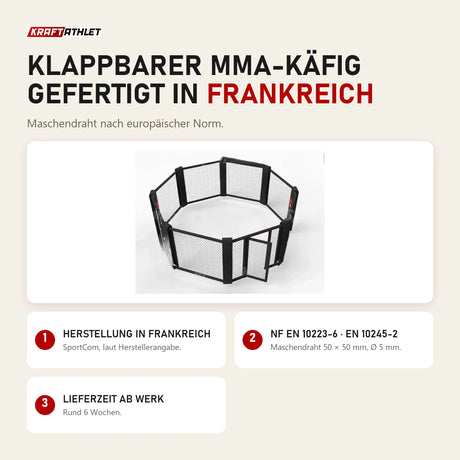 SportCom Klappbarer MMA-Käfig: gefertigt in Frankreich, Maschendraht nach NF EN 10223-6 und EN 10245-2