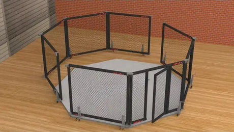 SportCom Klappbarer MMA-Käfig, halb aufgebaut, Paneele werden aufgeklappt